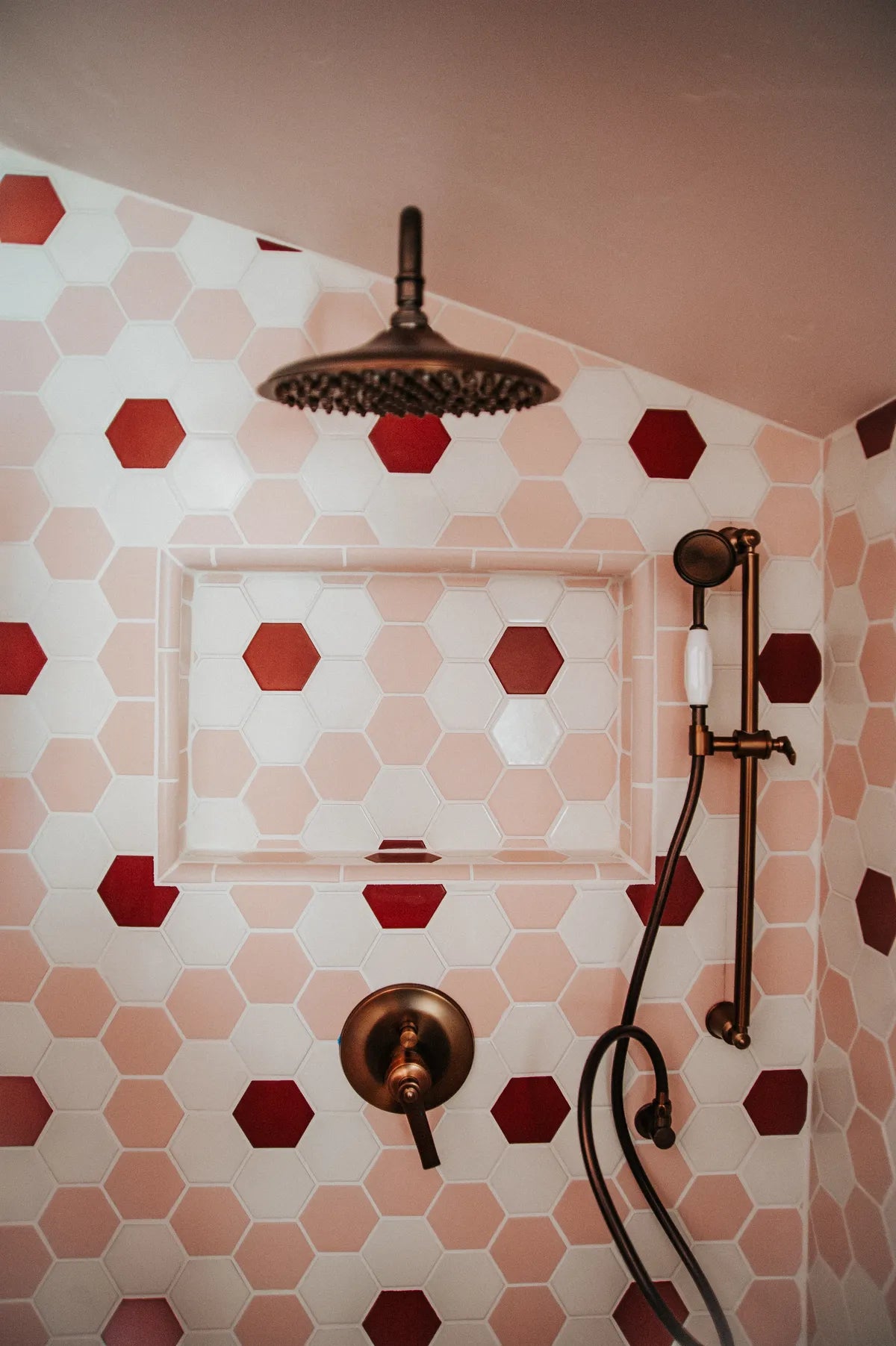 2022 img rights influencer claire thomas hollyhock bathroom tile wall floor shower hexagon 4 floral tusk basalt dawn vintage leather trim 2x4 long glazed edge 1x6 quarter round FC435363 9