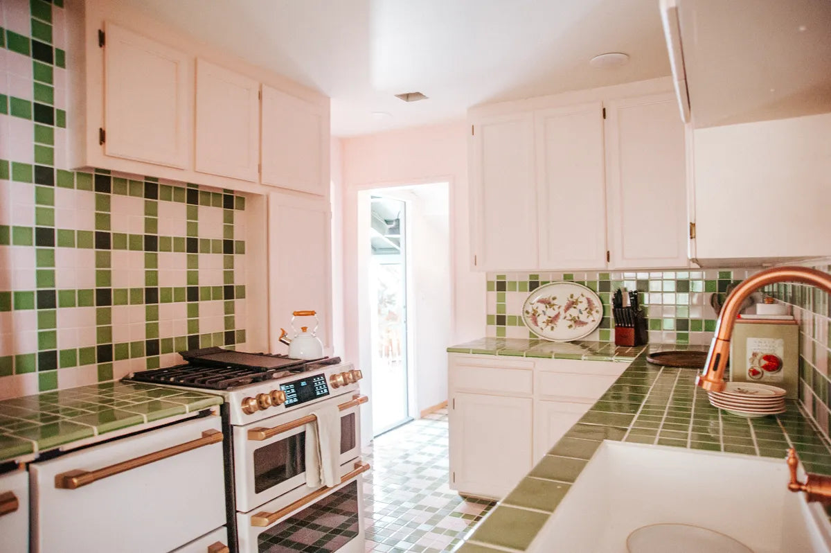 2022 img rights influencer claire thomas hollyhock cabin kitchen backsplash floor wall countertop tile sheeted mosaics plaid evening glow kelp hunter green trim 6x6 radius bullnose beak FC435362 2