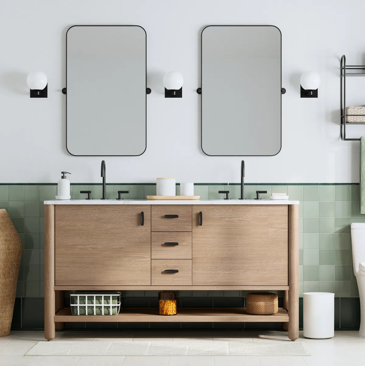 2023 west elm realistic rendering bathroom wainscott 4x4 ceramic straight stack rosemary 8x8 sea green 8x8 feldspar floor 2