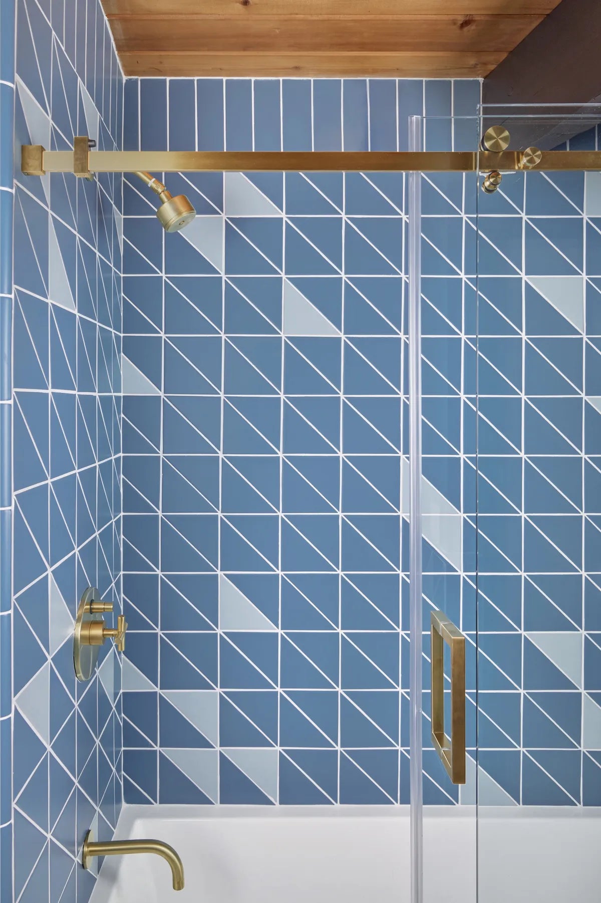 2025 full usage residential 4x4 mesa 4x4 vintage leather 6 triangle 3x12 Caribbean Sea matte 6 triangle crater lake matte bathroom shower tub Petra Design Tory Williams FC870084 8