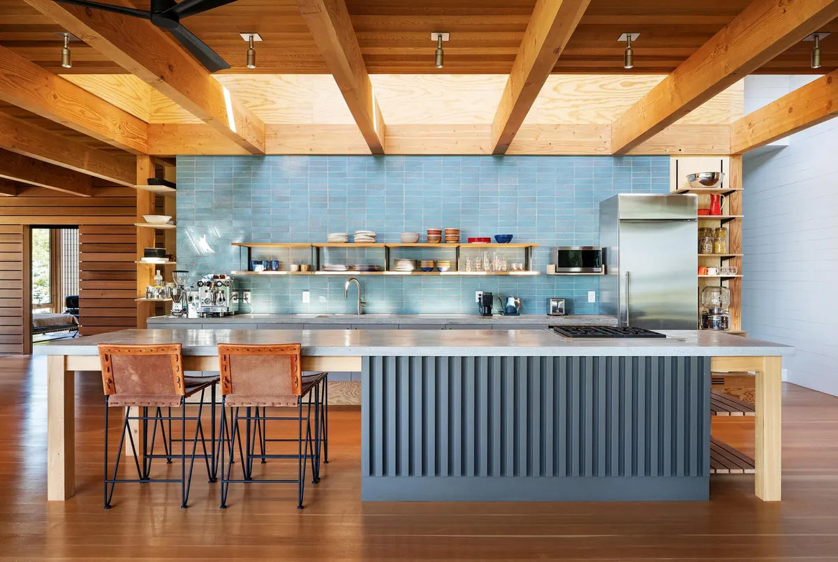 Modern blue brick kitchen tile backsplash