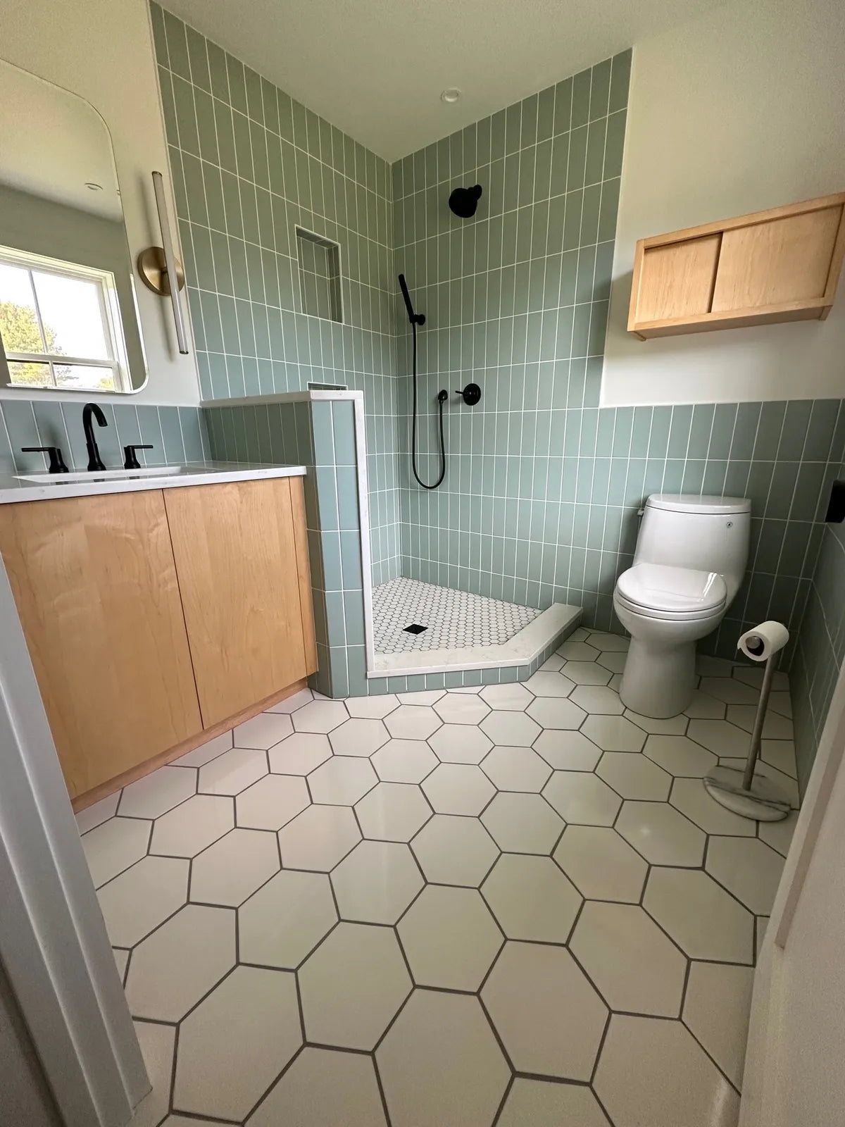 Modern green shower tile white hexagon floor tile 1