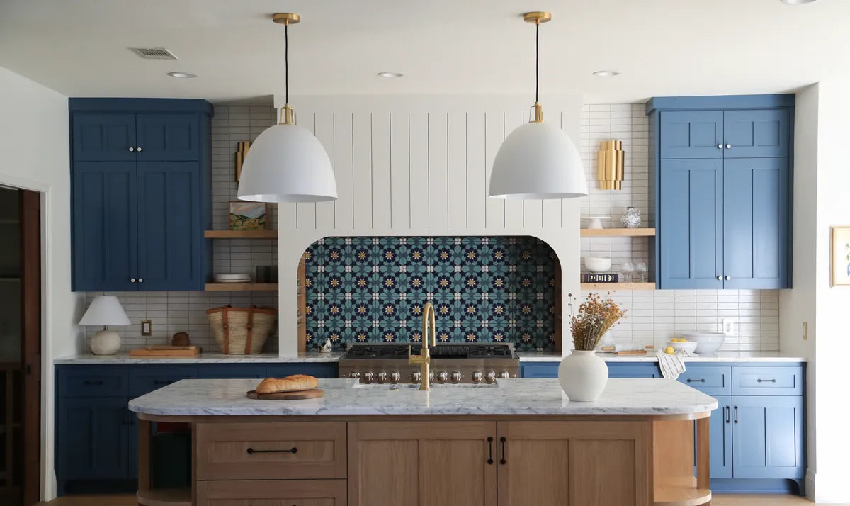 Modern kitchen handpainted blue green white backsplash tile
