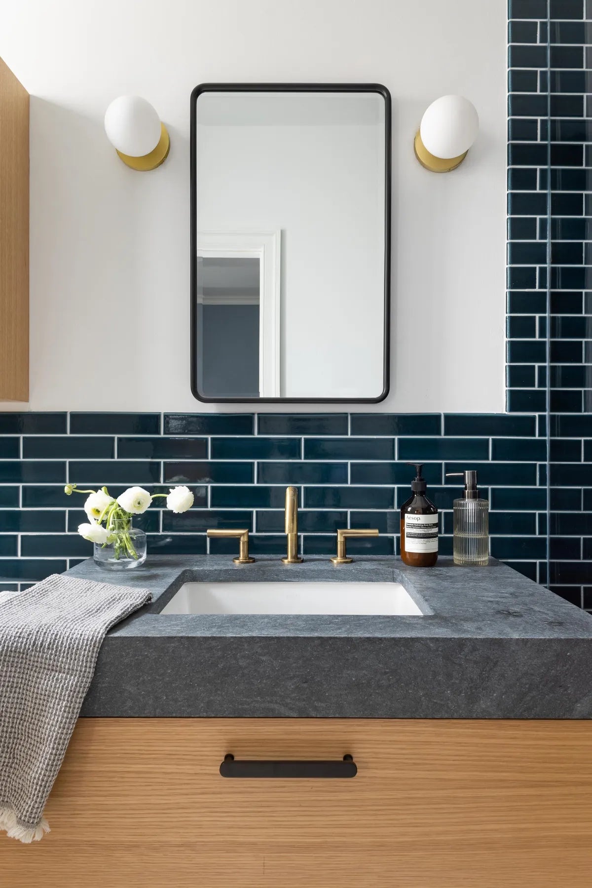 New traditional bathroom blue tile backsplash tile