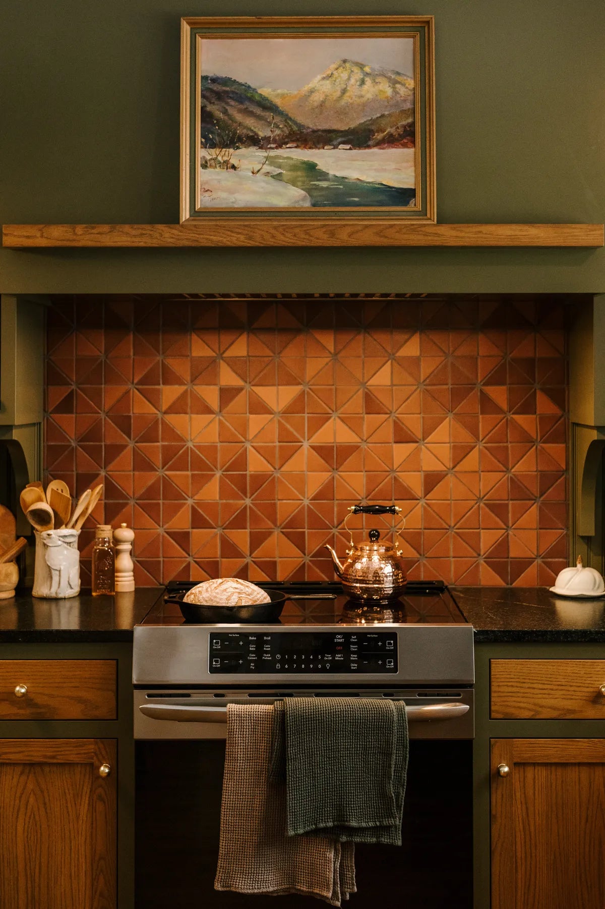 New traditional kitchen rustic triangle backsplash tile 1