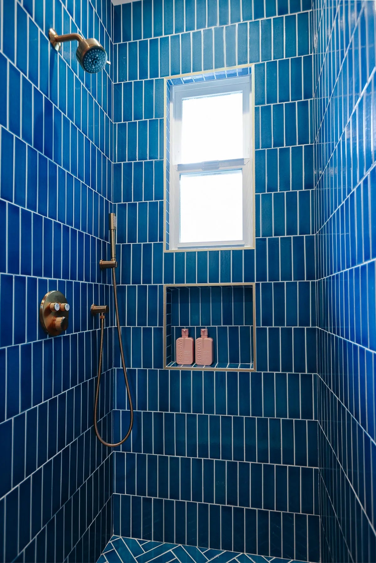 Eclectic Shower wall blue verticle tile