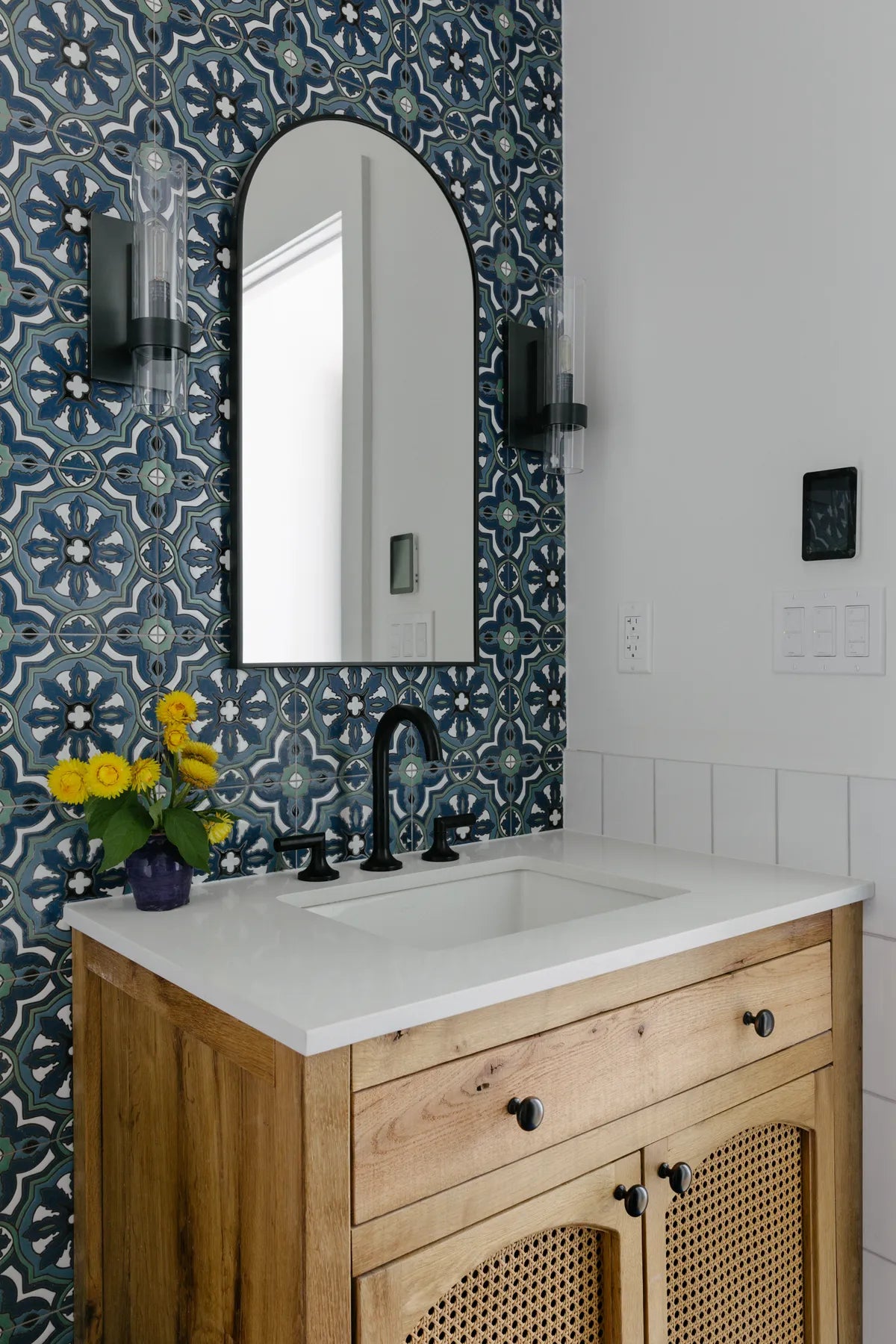 Eclectic bathroom handpainted tile blue tile white tile 2