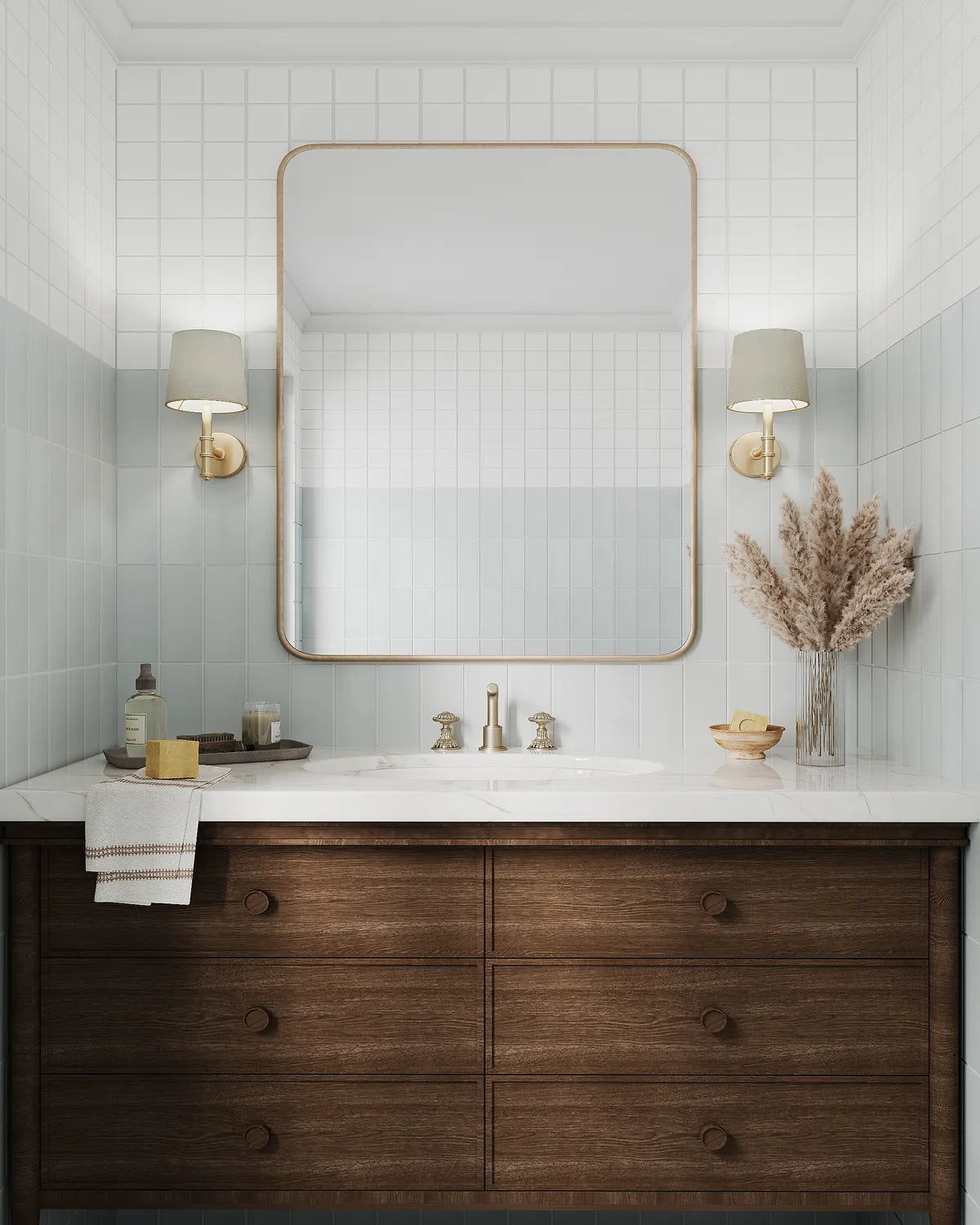 Essentials Photorealistic Rendering Powder Room Walls Alberta Blue 3x9 Pearl 3x3 Mosaic Straight Set