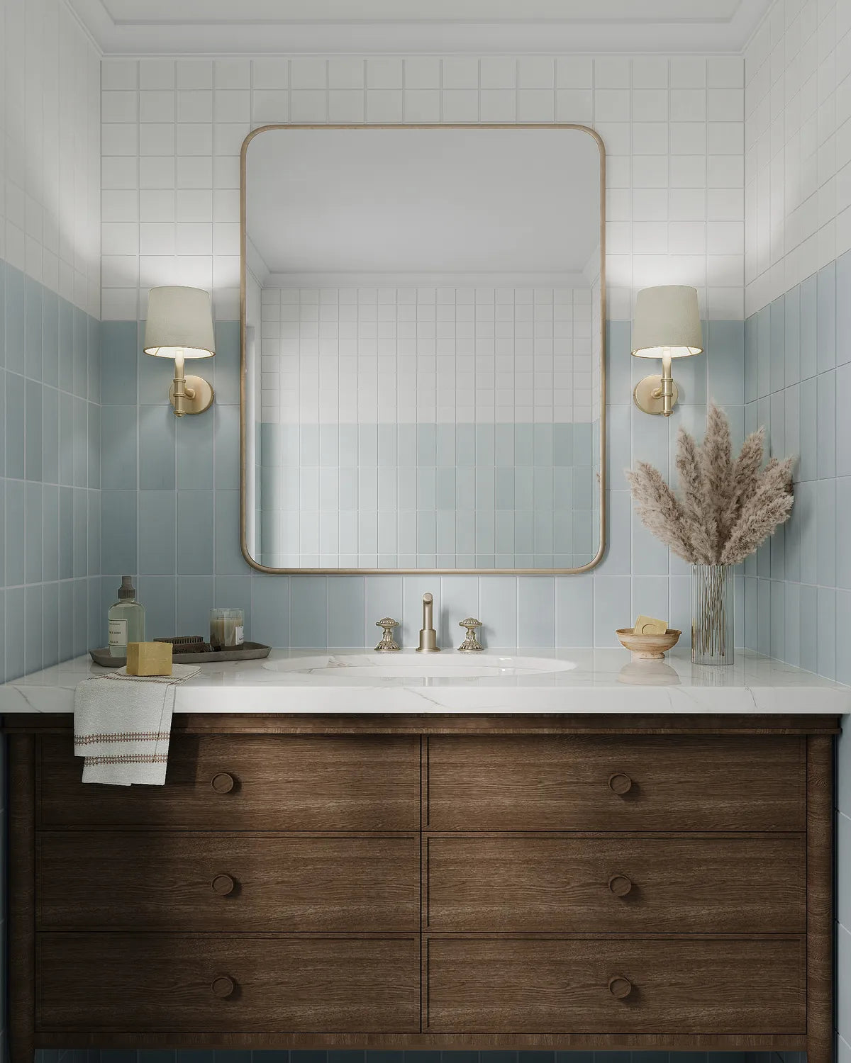 Essentials Photorealistic Rendering Powder Room Walls Hood River 3x9 Salt Creek 3x3 Mosaic Straight Set
