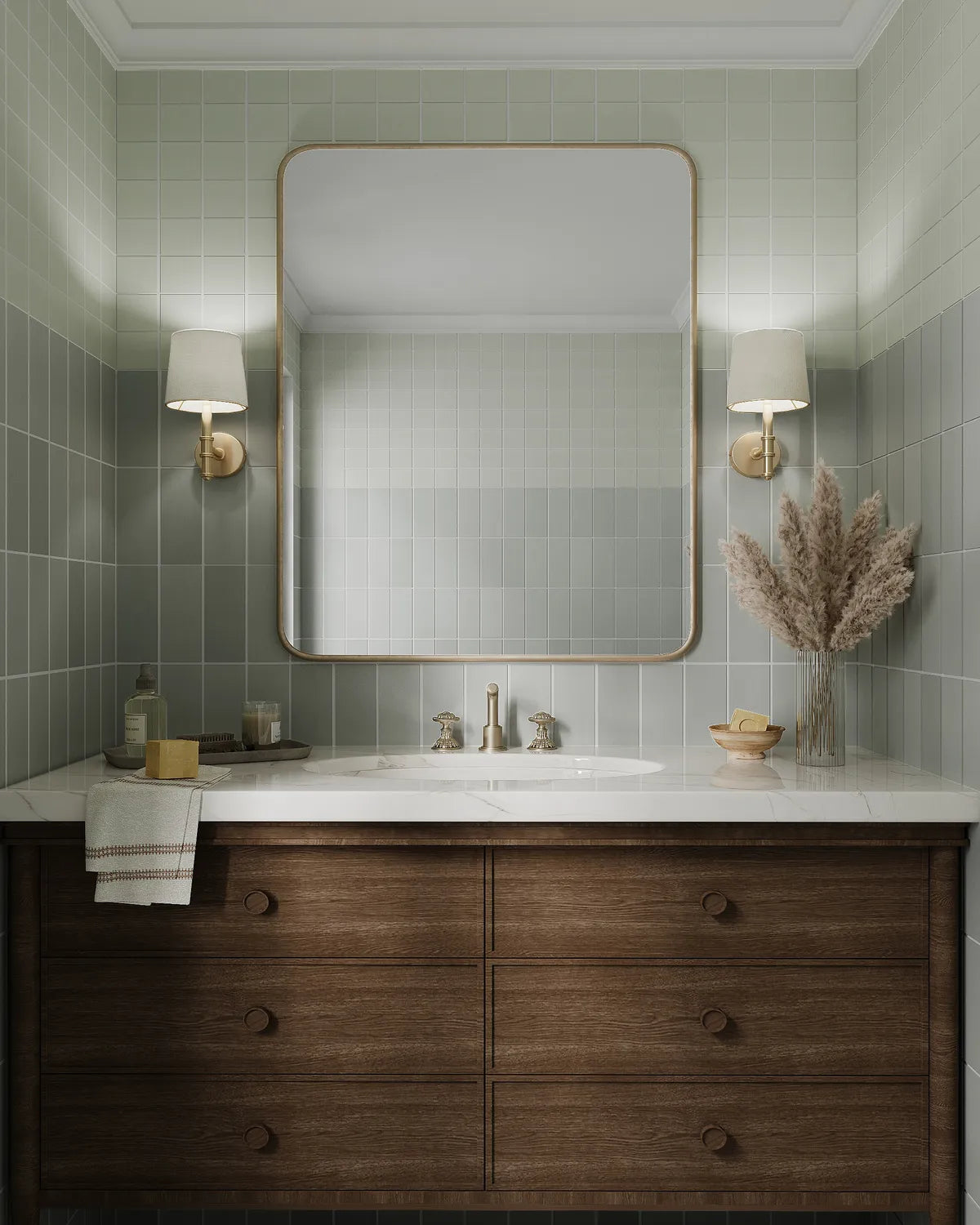 Essentials Photorealistic Rendering Powder Room Walls Puget Sound 3x9 Manzanita 3x3 Mosaic Straight Set