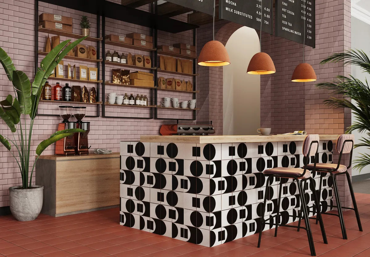 Photorealistic Rendering Commercial Coffee Bar 6x6 Dot Dash Charcoal Configuration B Floor 8x8 Red Rock Wall 3x6 Painted Sky Offset