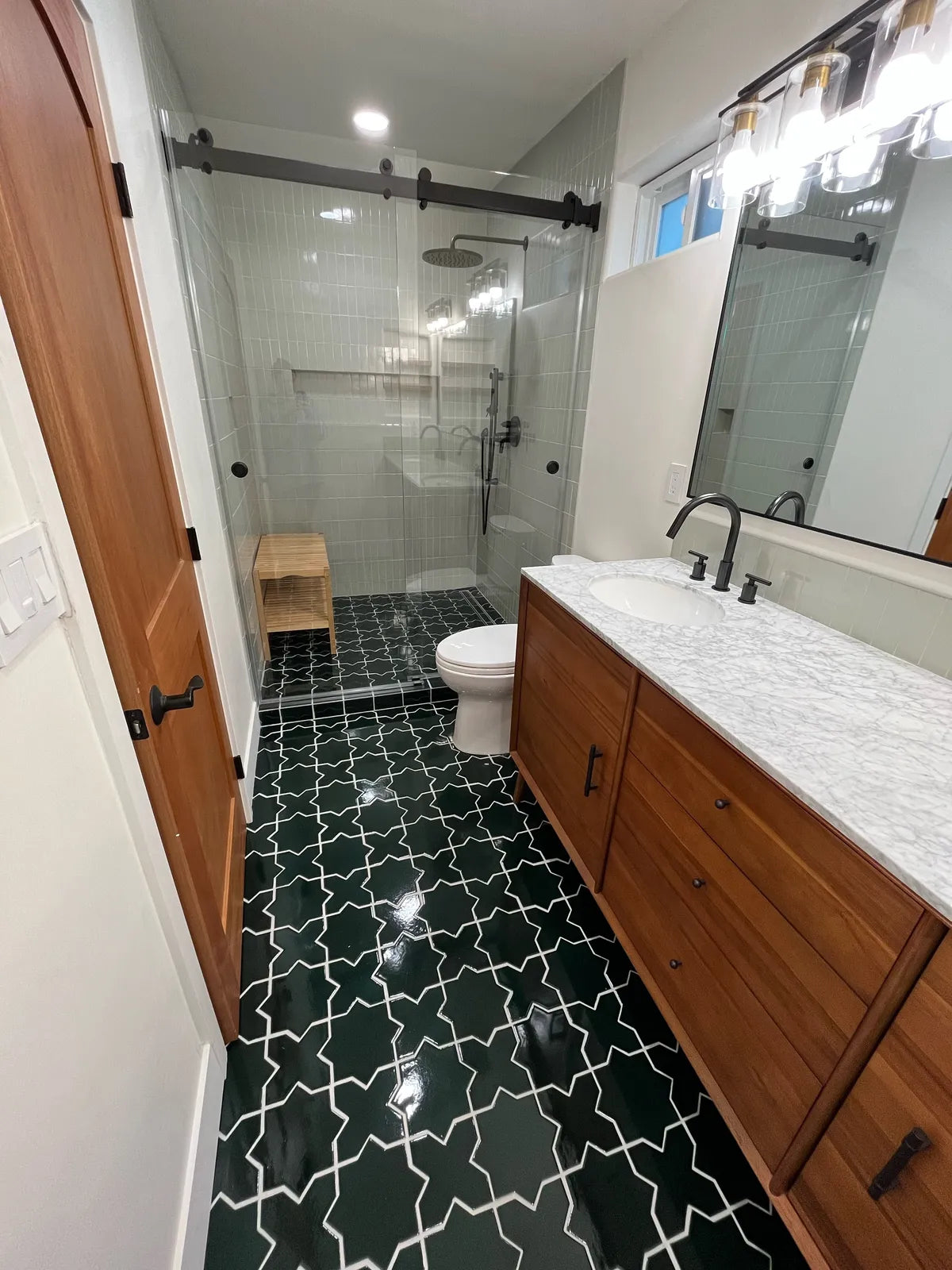 Modern bathroom grey shower tile green floor tile 1