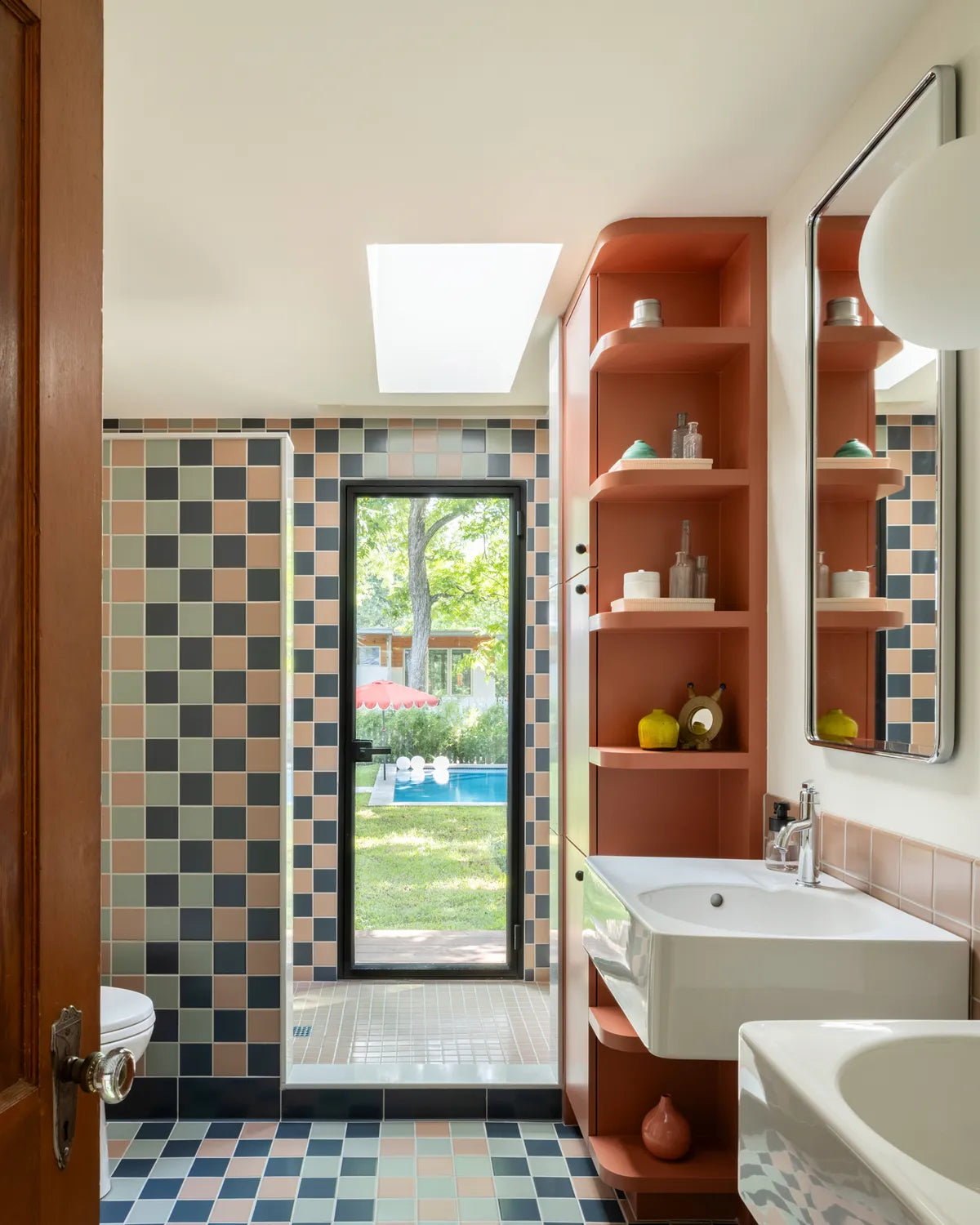Modern square shower bathroom pink blue green tile 1