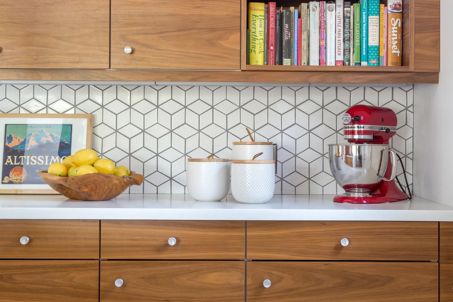 2017  Q3 Image Residential  Vintage Splendor  Annette  Vartanian Kitchen Backsplash Tile Mosaics Small Diamonds Escher White Gloss Close Up