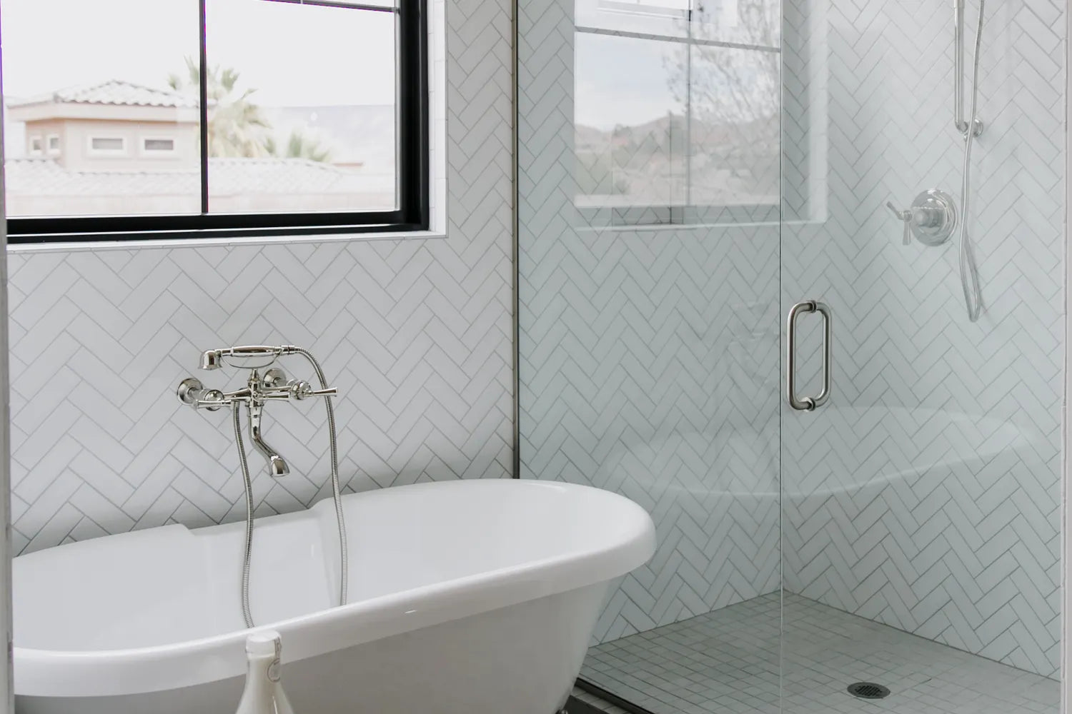 2018  Q1 Image Residential Influencer Becki Owens Spec House Bathroom Wall Tile Foundations 2X6 Herringbone White Wash 2X2 Fresh Linen Shower Pan Floor