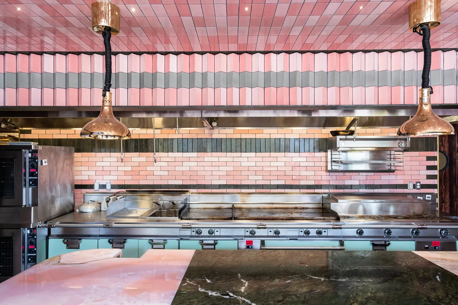 2019 Img High Res Commercial Full Rights Basile Studio Haley Hill Photgraphy Morning Glory Brick Custom Pink 3 Tone Blend Venetian On Brick 3X6 Custom Pink 3X6 Custom Green Restaurant Cieling Fc 198571 Ca