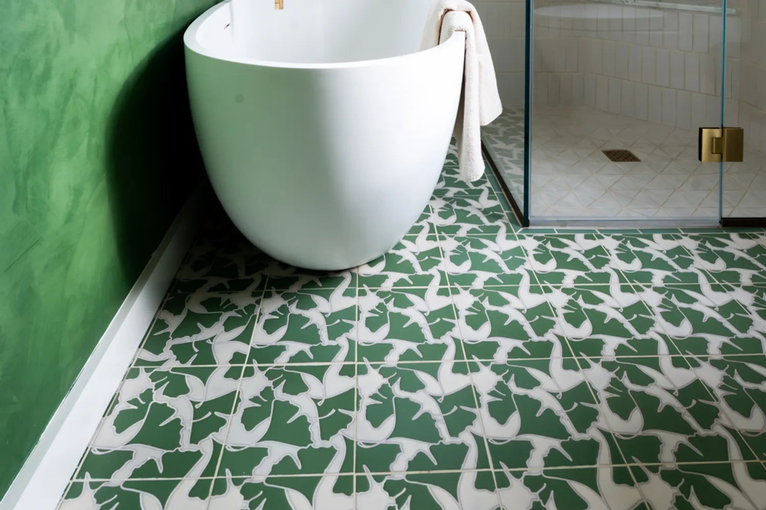 2020 img web residential influencer Fareisle Kaity Farrell bathroom tile floor handpainted sakura ginkgo green motif pan triangle 3 magnolia shower walls 2x6 broken joint vertical 22 FC373074