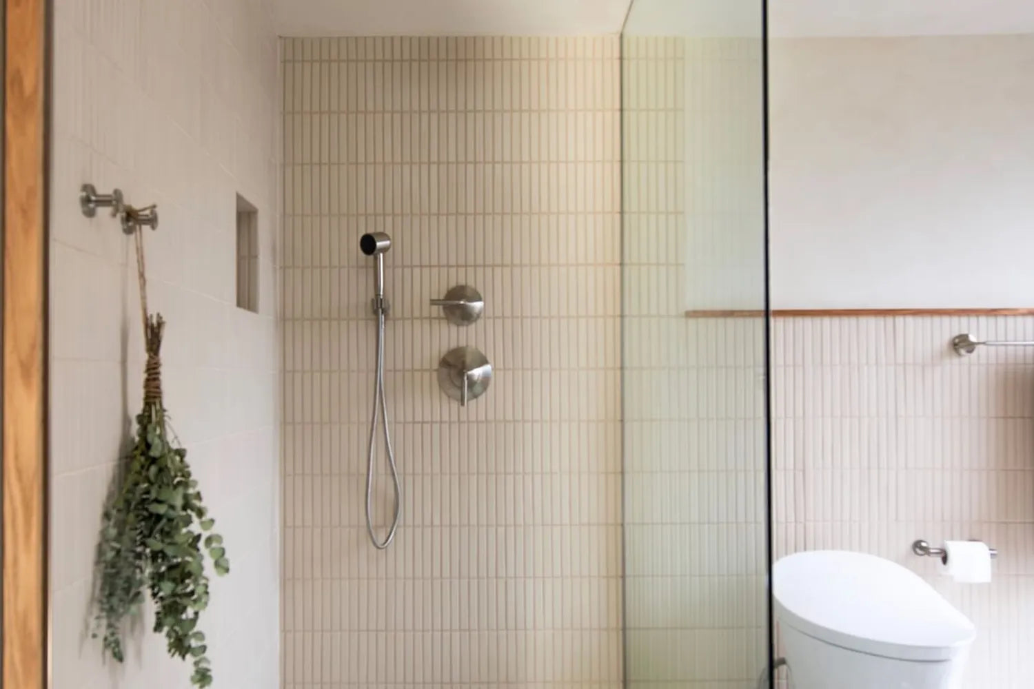 Mosaic Tile Shower Modern Neutral Walk In Shower Handpainted Tile Floor