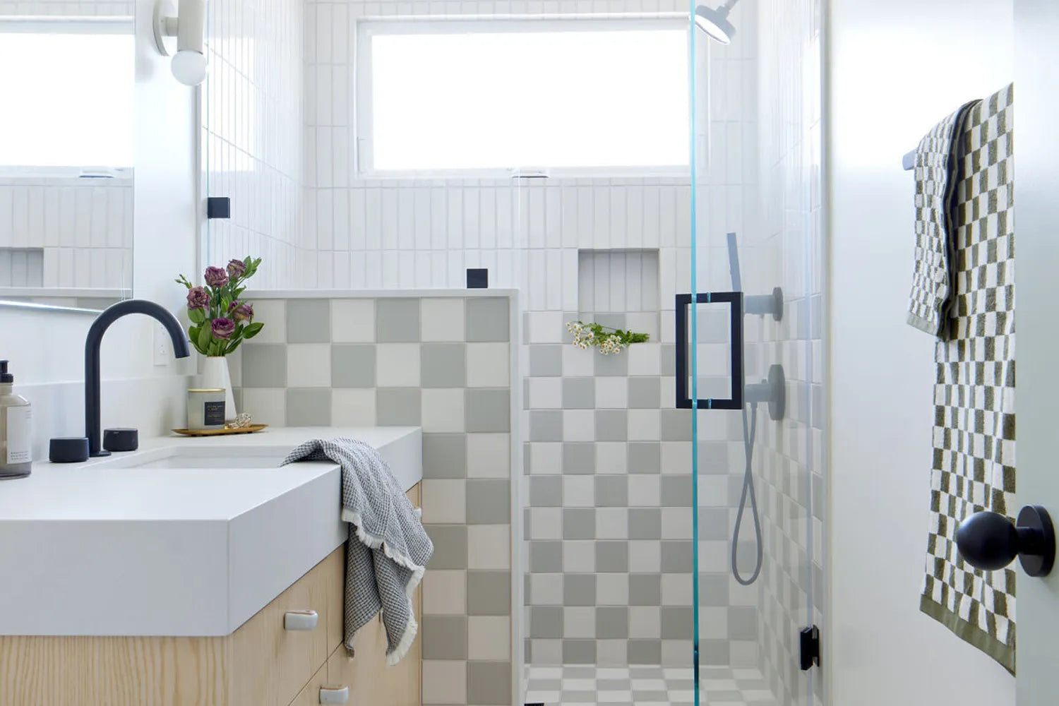 Pony Wall Shower Grey and White Checkered Tile