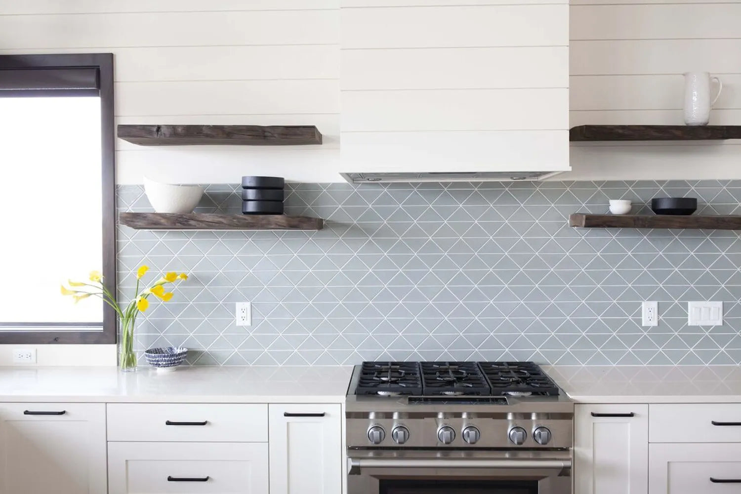 Coastal design driftwood triangle tile kitchen backsplash