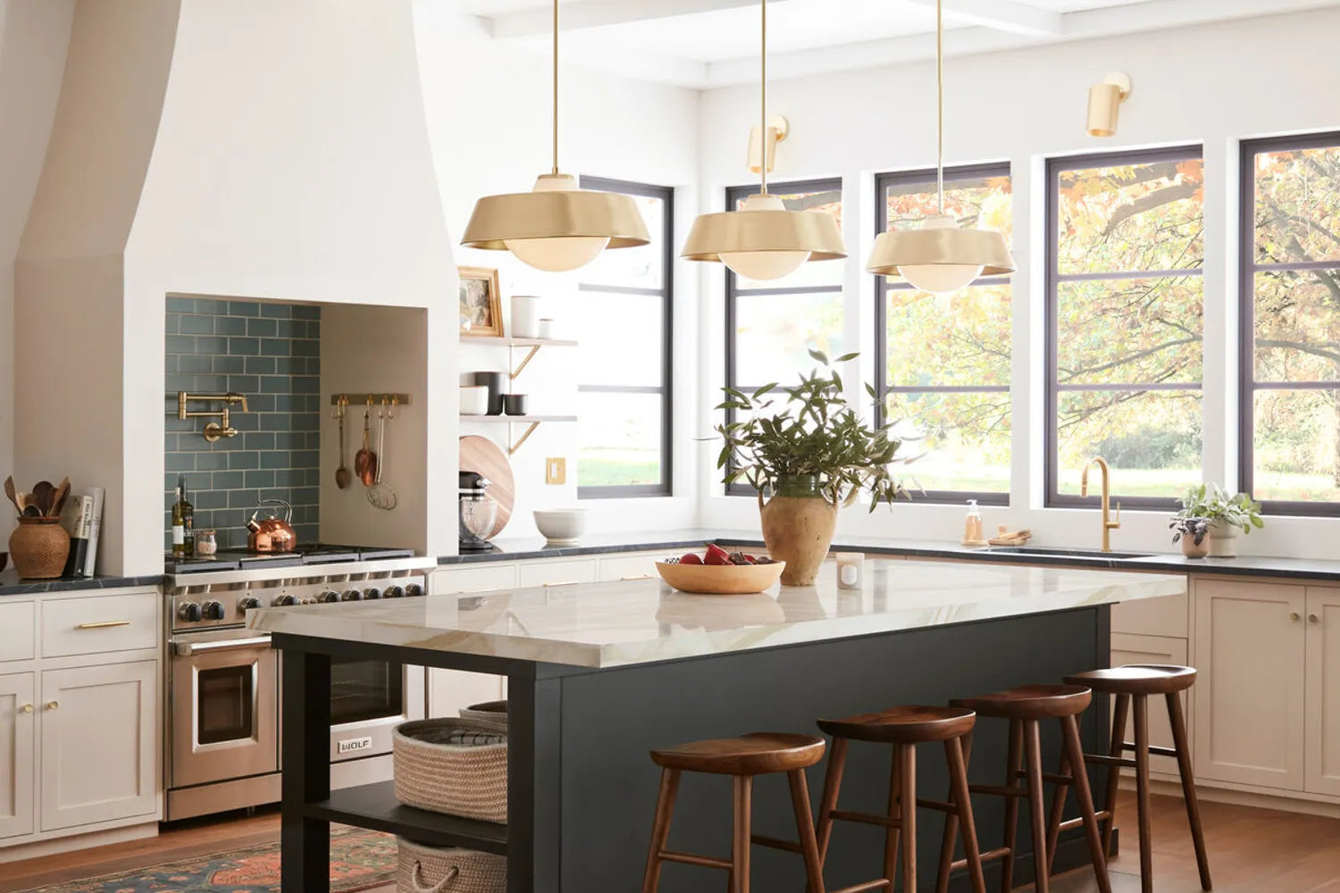 French country kitchen with tile backsplash behind stove only