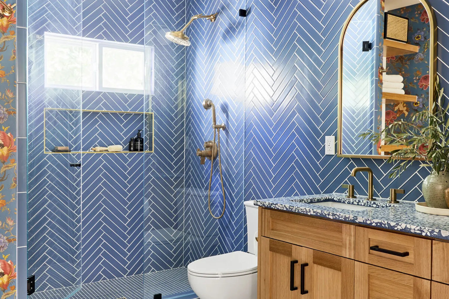Herringbone shower tile blue glass