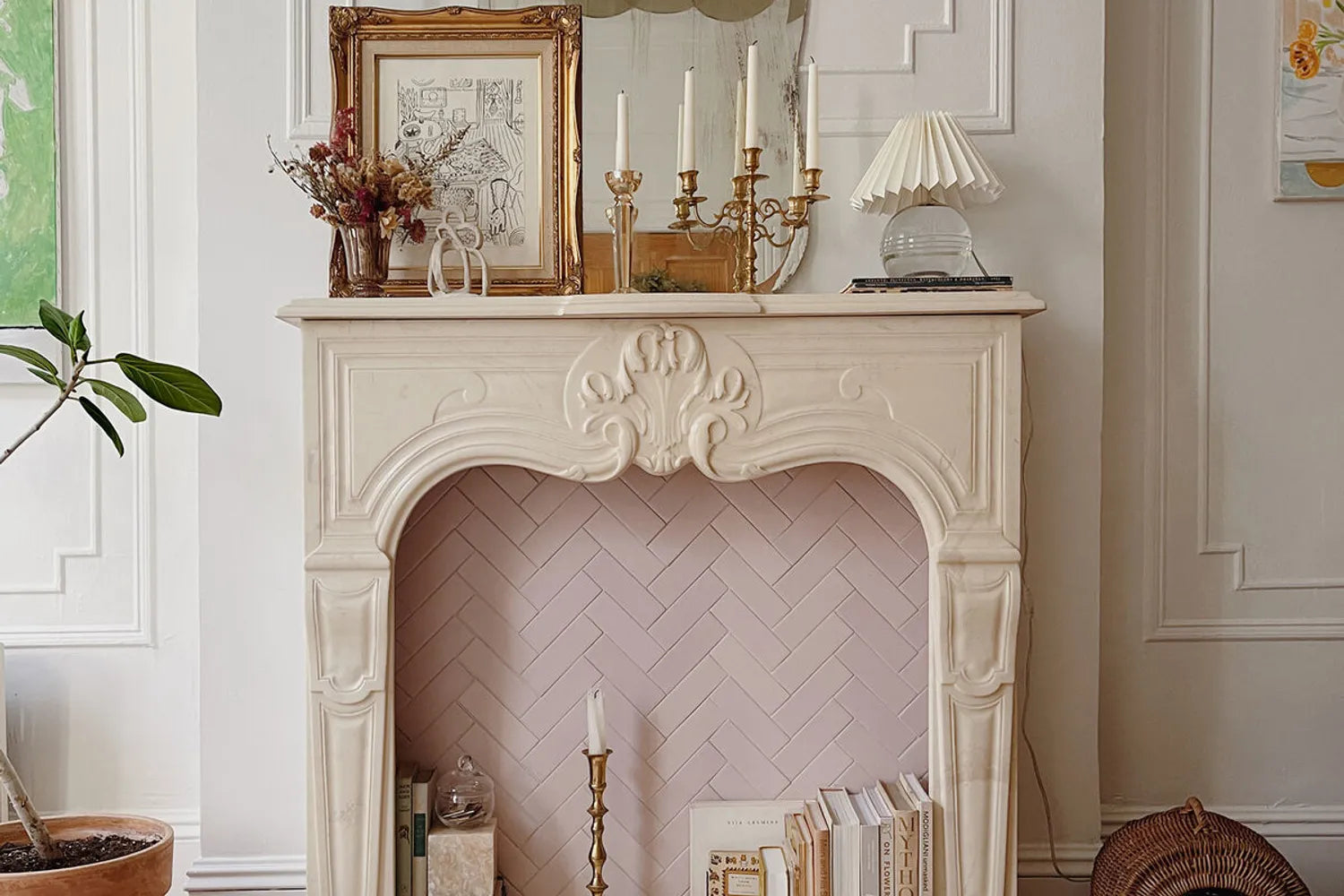 Herringbone tile fireplace