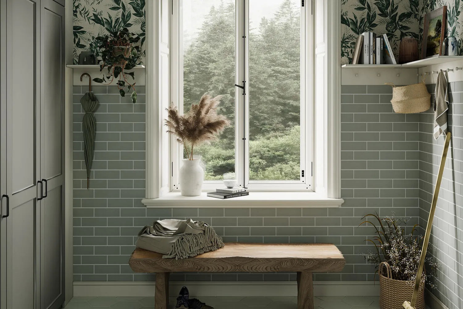 Mudroom tile budget friendly satin finish tile floor and wainscot