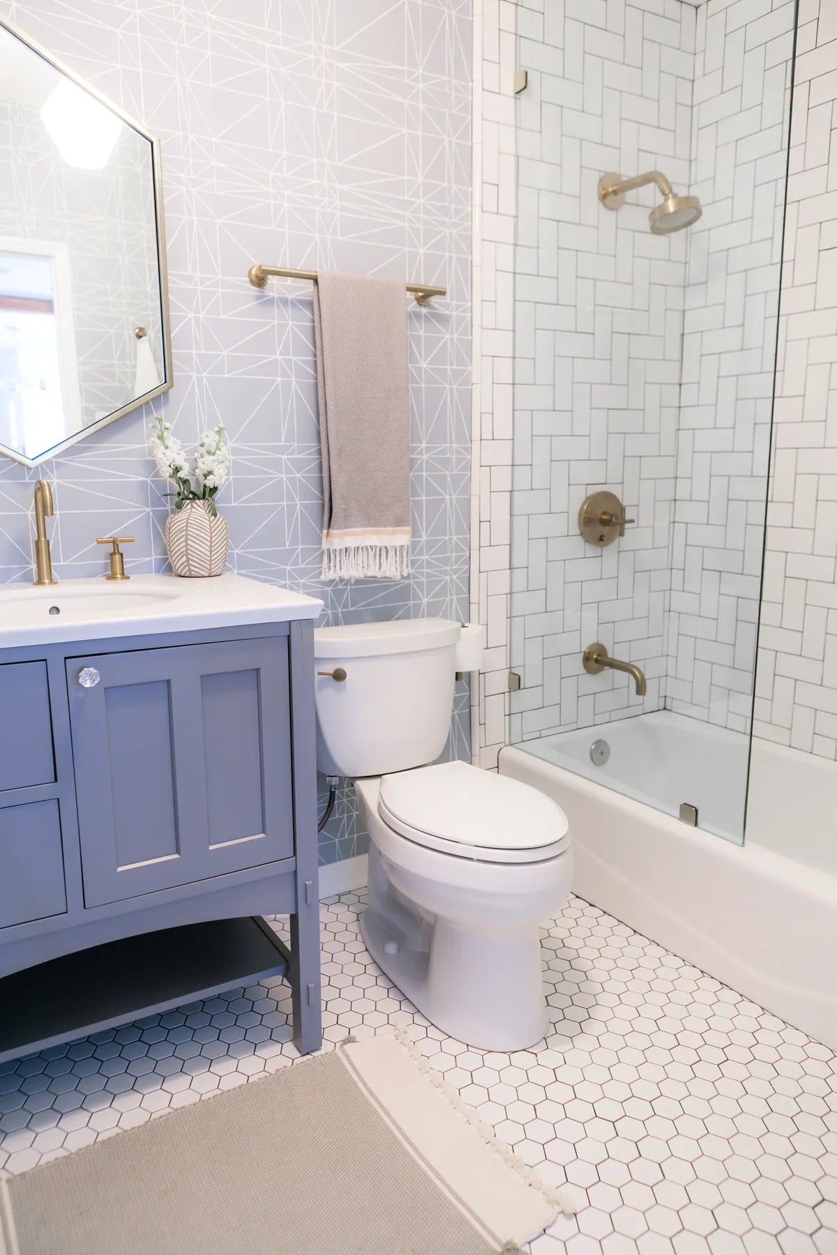 2017 Q2 Image Residential Jaclyn Johnson Create Cultivate Monica Wang Photo Bathroom Floor Tile Mosaics Hexagon 2 White Wash 3X6 Subway Tile Herringbone Steps Shower Walls