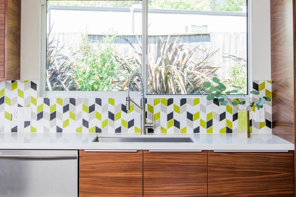 2017 Q3 Image Residential Destination Eichler Kitchen Backsplash Bar Tile Mosaic Small Diamond Stitch White Wash Dolomite Akoya Chartreuse 11