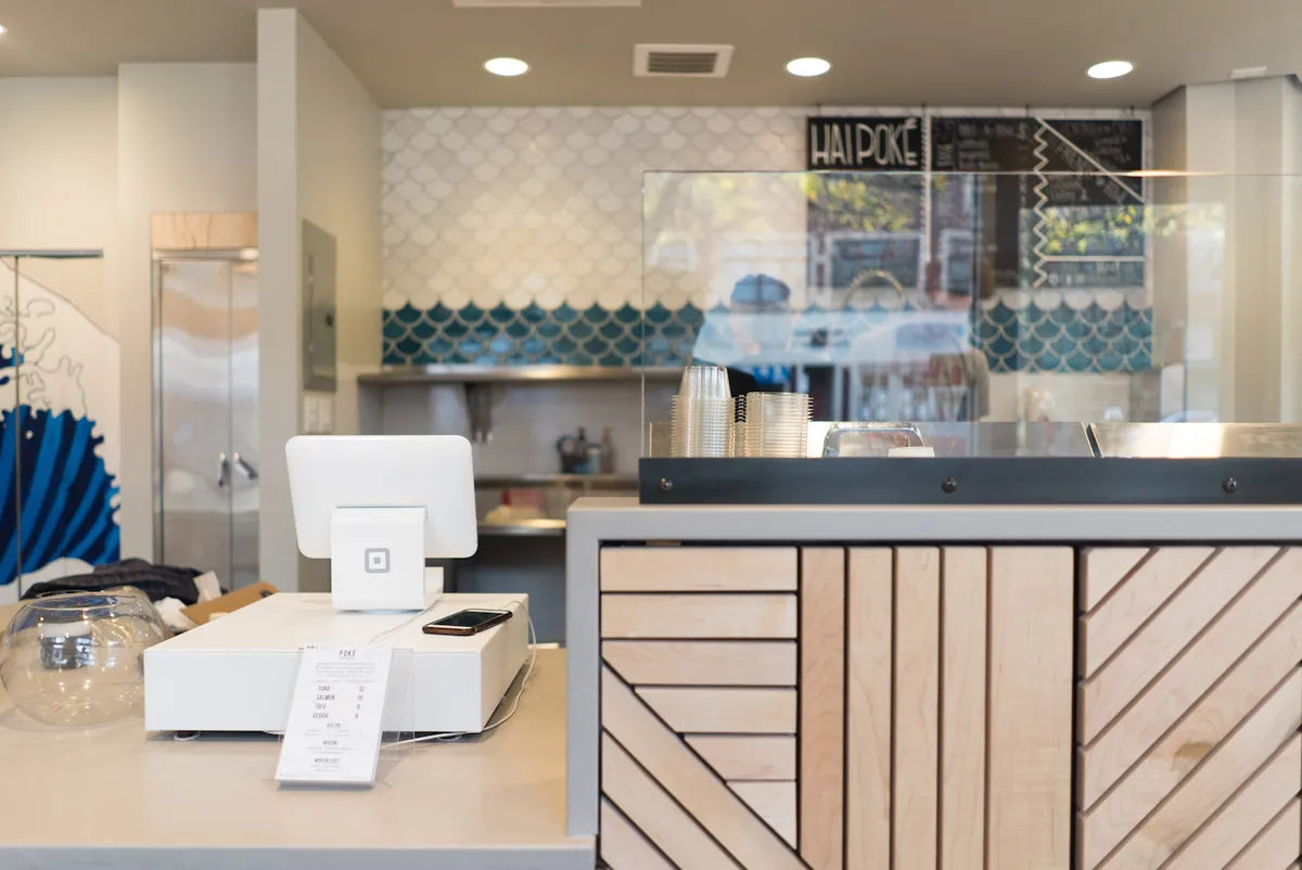 2017 Image Lr Commercial Hai Poke Restaurant Black Ink D Ogee Drop Straight Set Daisy White Wash Adriatic Sea Ogee Drop Glazed Edge Concave Side Adriatic Sea Register And Straight On Backsplash View