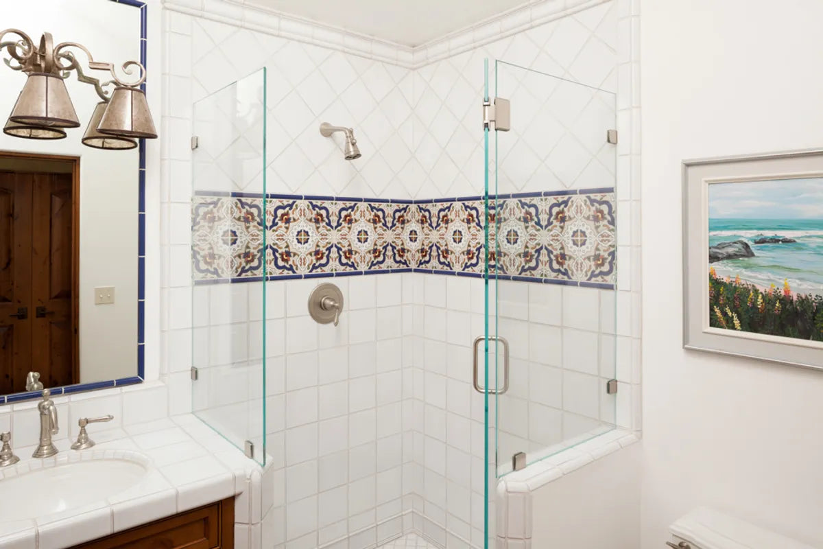 Accent  Bathroom  Blues  Cuerda Seca  Grandola  Installation  Malcolm Fearon Bliss Images  All Rights Reserved  Photographer Credit  Recycled Body  Residential  Shower  Trim  Whites