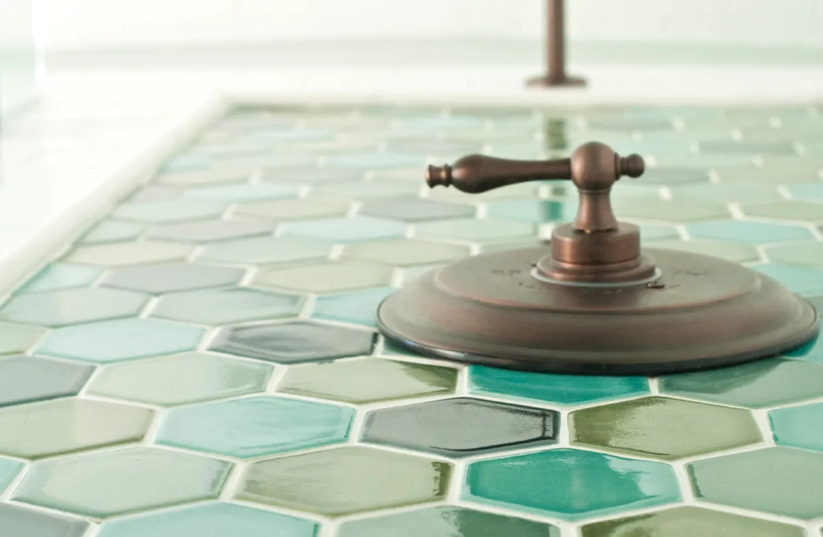 Azurine   Basil   Bathroom   Brittany  Runyan   Hexagon   Prussian  Blue   Residential   Sea  Foam   Tile   White  Body