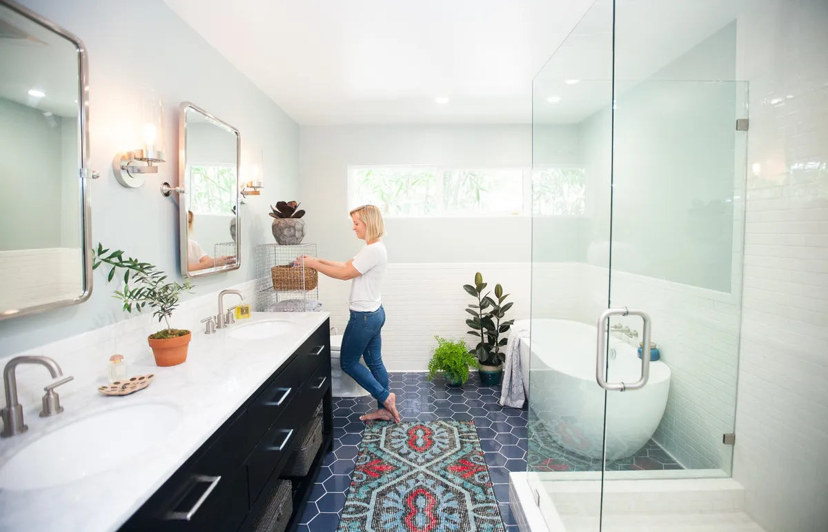 Bathroom Bathroom Renovation  Floor  Hexagon 8  Jen Pinkston Martha Stewart Living  Slate Blue  Stephanie Godfrey The Effortless Chic