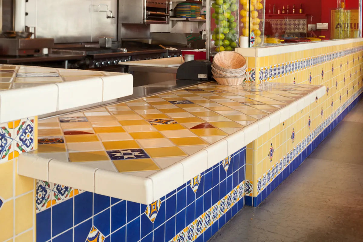Blues  Commercial  Counter  Diagonal  Installation  Malcolm Fearon Bliss Images  All Rights Reserved  Photographer Credit  Recycled Body Restaurant  Straight Set  Yellows