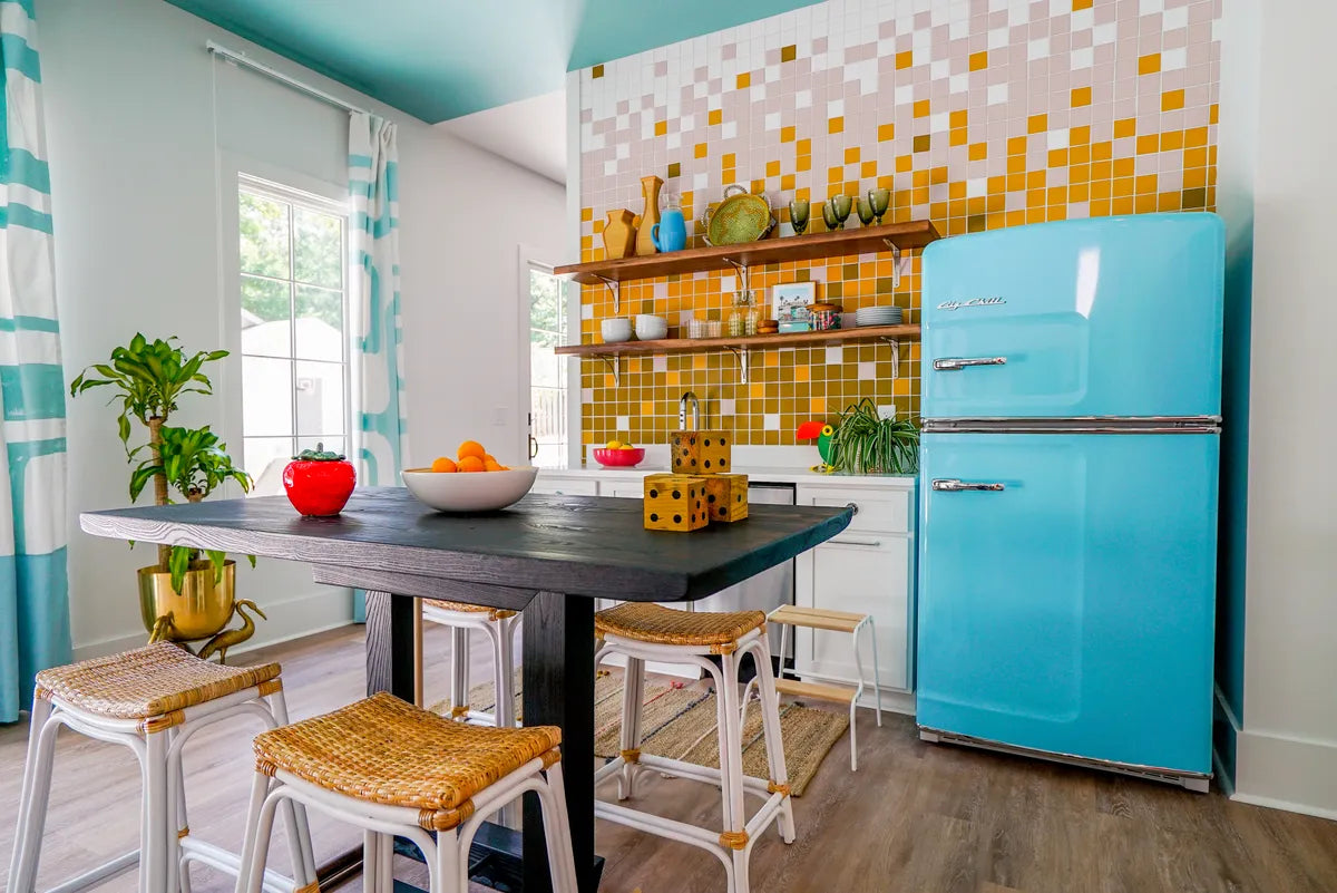 Ecclectic bar mosaic backsplash square white lavendar green yellow tile 1