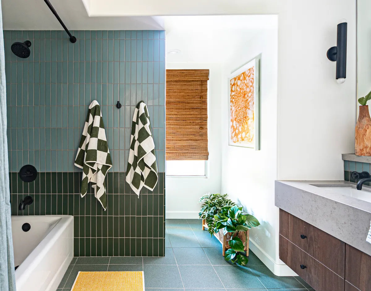 Modern bathroom green shower wall subway tile 1