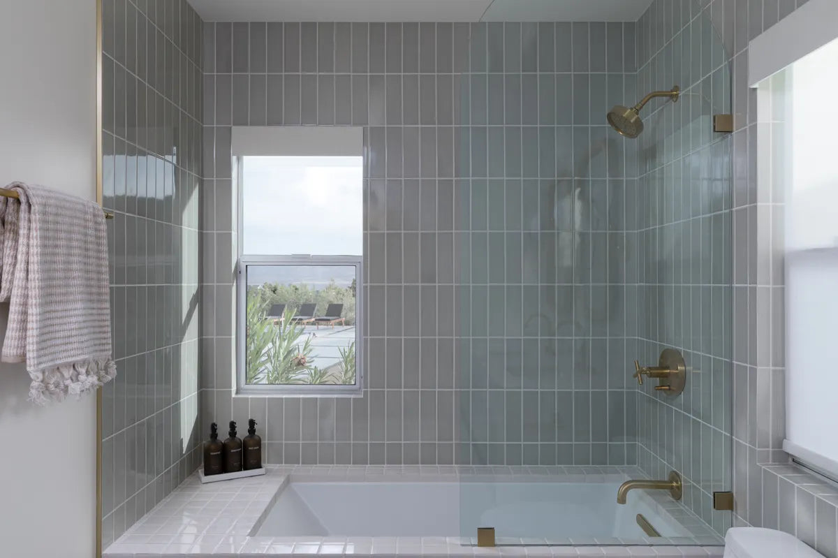 Modern green subway bathroom shower tile white square tile 1
