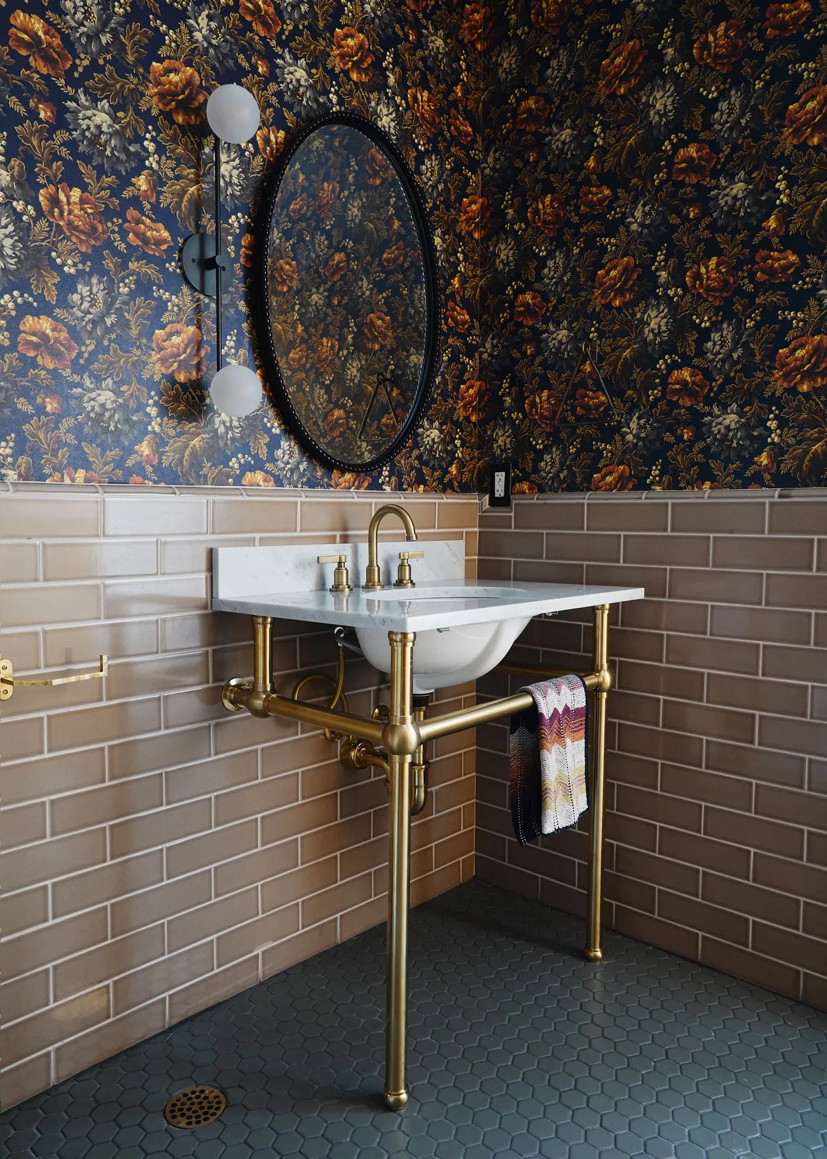 New traditional bathroom backsplash brown tile grey hexagon floor tile