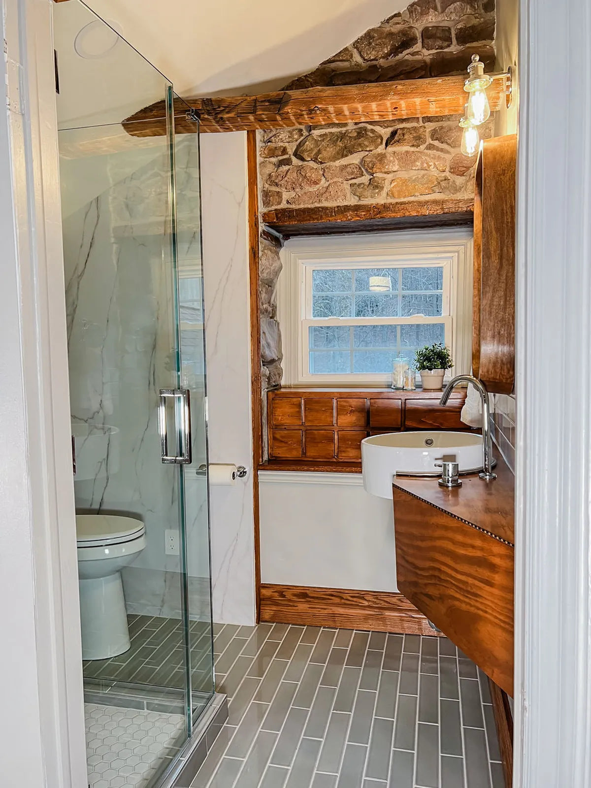 New traditional bathroom green subway floor tile white hexagon shower tile 1