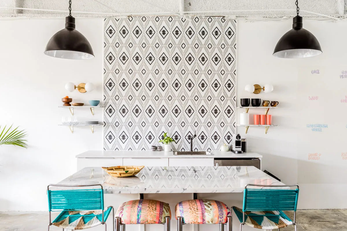 Q2 2017 Image Commercial Office Photographer Laure Joliet Design Kirsten Grove Tile Handpainted Old Cairo Black White Motif Full View