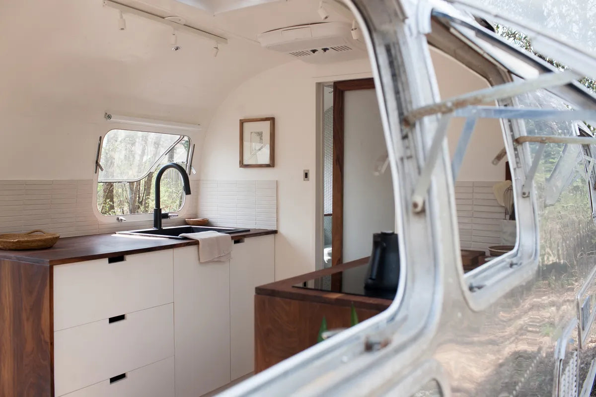 Q2 2017 Image Residential Modern Caravan Airstream Kate Oliver Kitchen Backsplash Outside View Mosaic Tile 1X6 Tusk