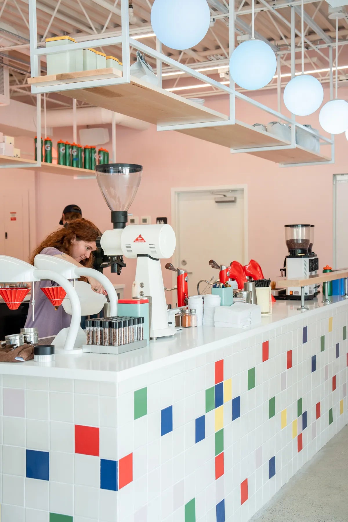 Scandi color block red green blue counter coffeeshop