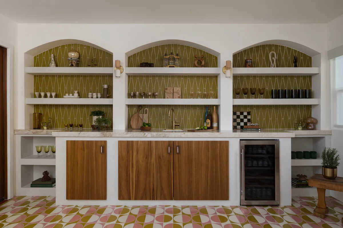 Mid century mordern sunroom bar yellow tile floor hanpained white pink yellow tile floor harvest mustard seed ivory mesa bar wave mustard seed FC450611 7