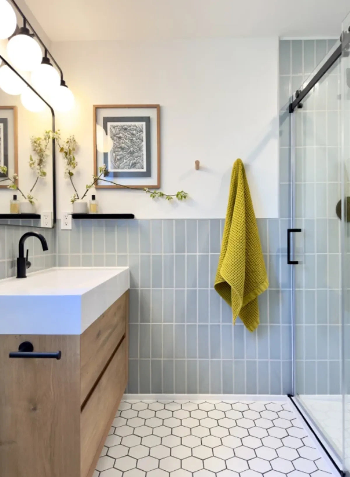 Modern blue subway wall tile shower tile whote hex floor tile 2