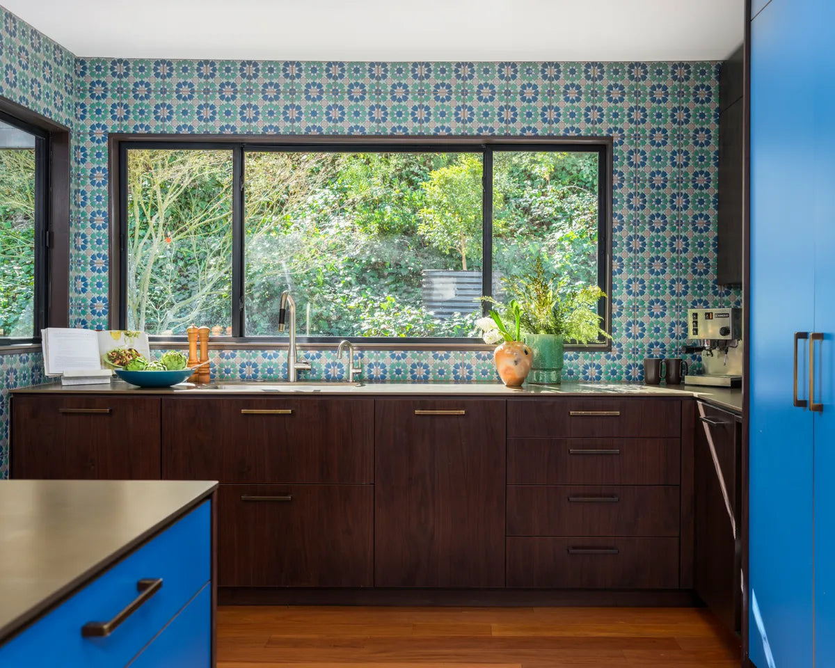 Modern blue green handpainted kitchen backsplash 2