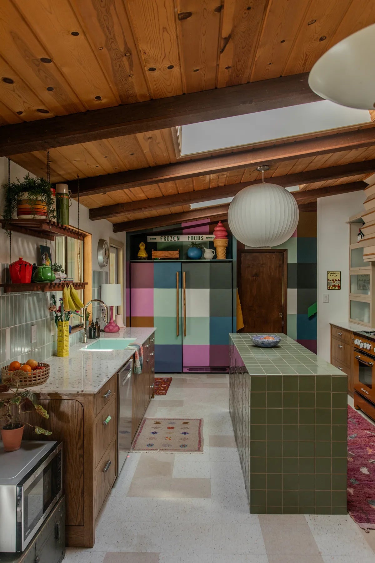 Modern kitchen island green square tiles subway green white backsplash tiles 14