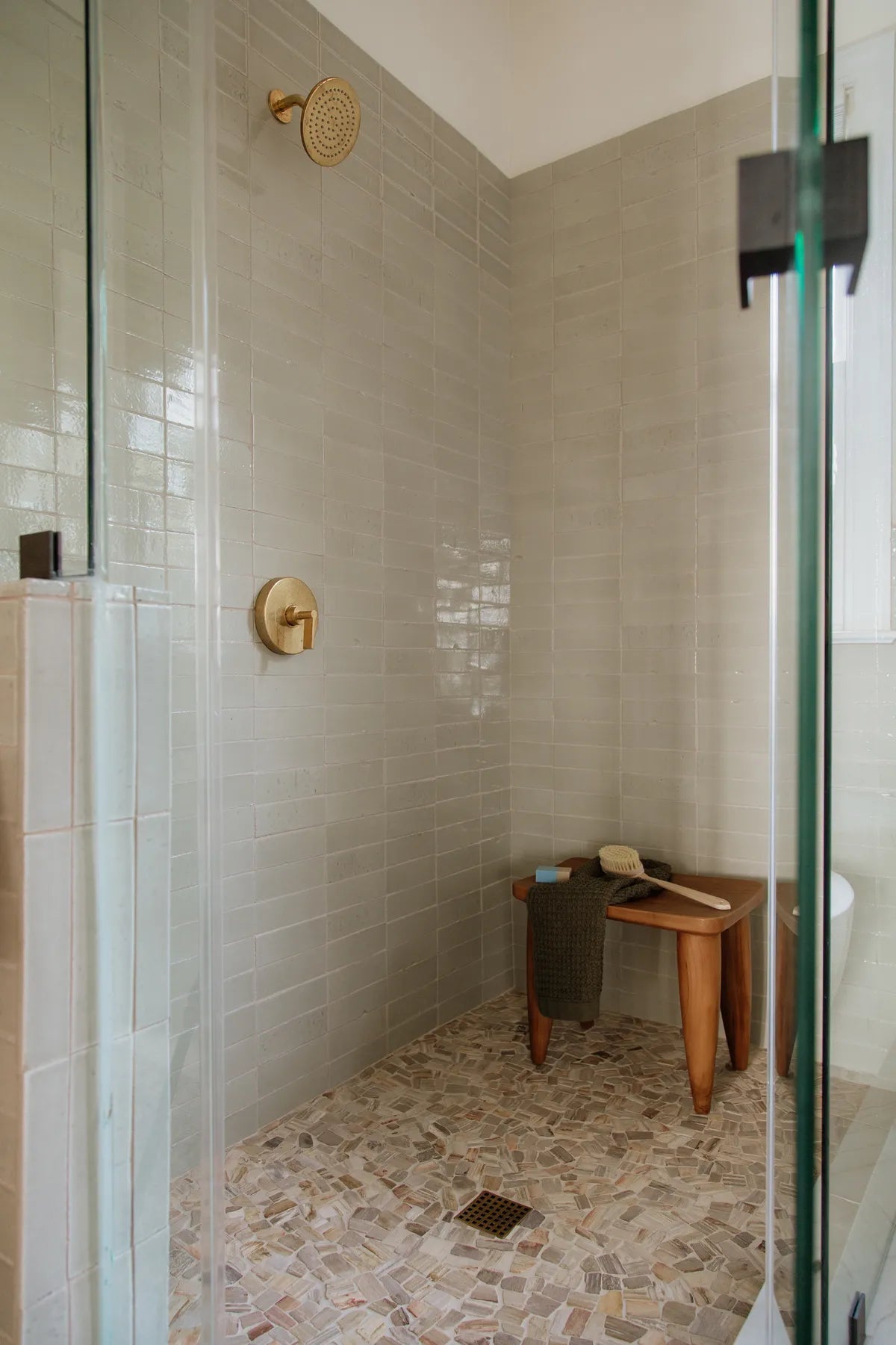 Modern organic bathroom shower green brick tile 4