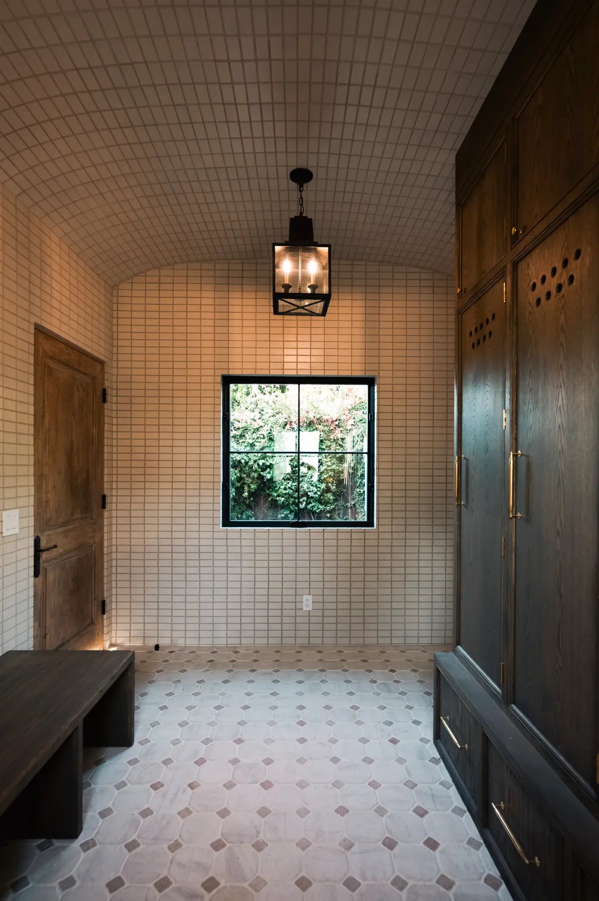 Modern subway white tile mudroom 3