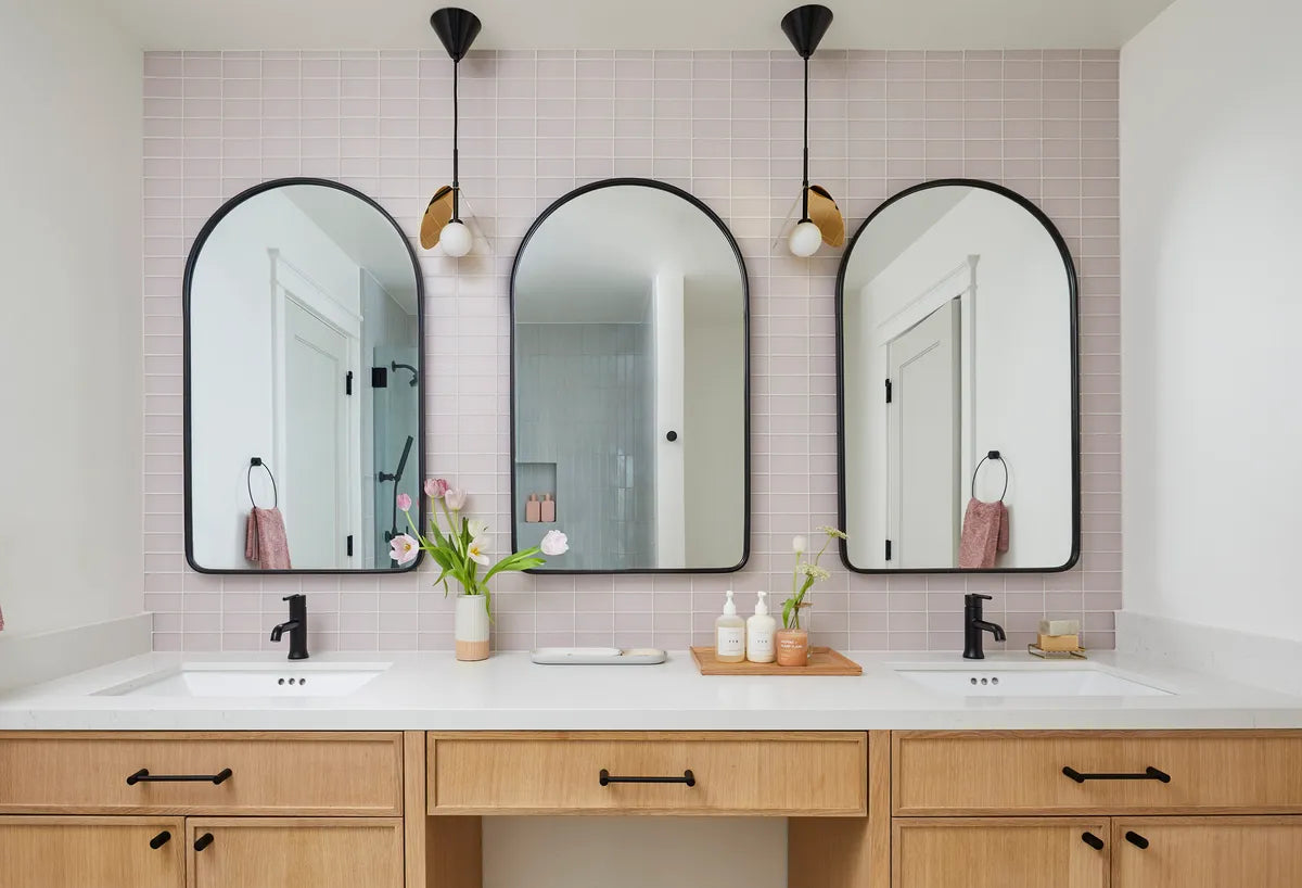 New traditional bathroom glass backsplash pink tile 1